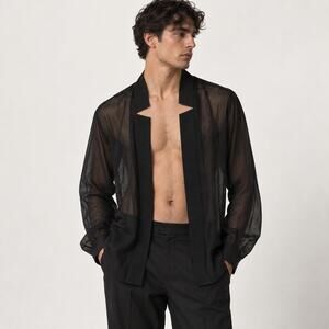 ORTTU Men's Star neck Black Sheer open Cardigan shirt size Small